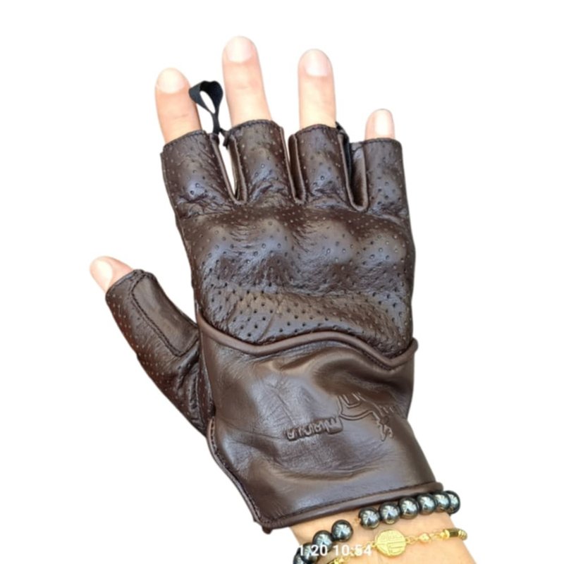 Gloves Real Leather Dark brown,Vintage classic cafe racer Biker half fingers - 其他 - 真皮 