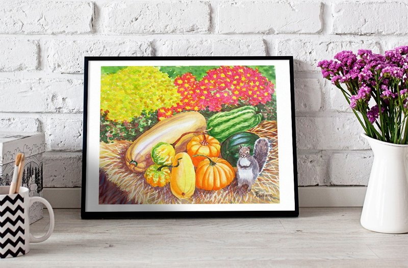 Poster Squirrel and Pumpkins, Watercolor Flowers for Gift - โปสเตอร์ - กระดาษ สีส้ม