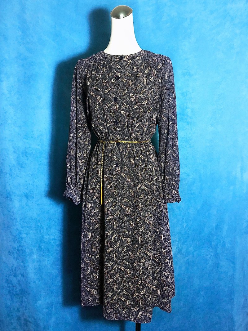 Long-sleeved vintage dress with leaves / brought back to VINTAGE abroad - ชุดเดรส - เส้นใยสังเคราะห์ สีดำ