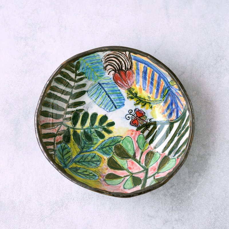 リーフ模様と蝶のbowl2 - 碗 - 陶 多色