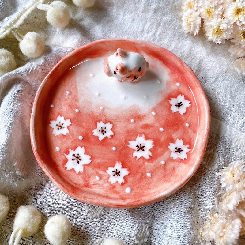 [Mother's Day Gift Box] White Pig Cherry Blossom Colorful Plate (Small) | Ceramic Card Writing - Plates & Trays - Porcelain Pink