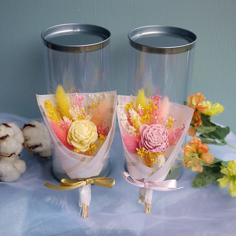 甜美時光-粉太陽玫瑰 粉黃乾燥花罐禮盒 迷你手綁小花束 - 乾燥花/永生花 - 植物．花 粉紅色