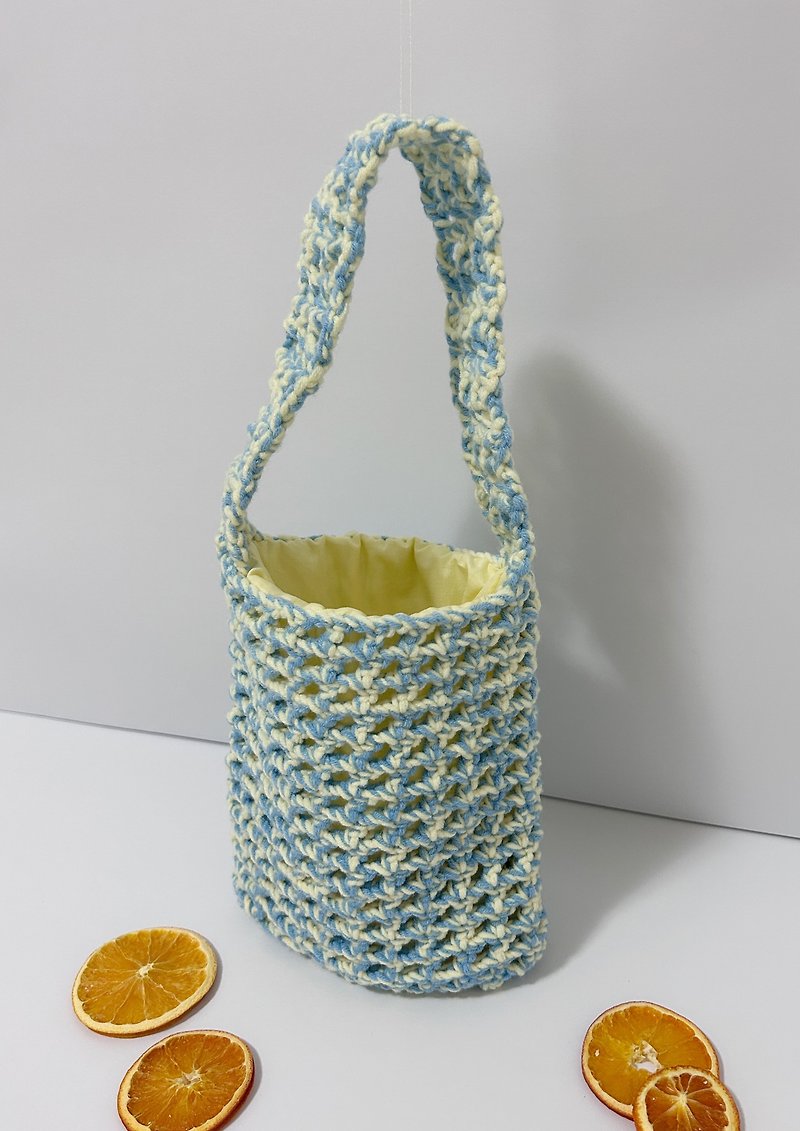 Crochet striped mesh side backpack___small mesh handbag - กระเป๋าถือ - ผ้าฝ้าย/ผ้าลินิน สีน้ำเงิน