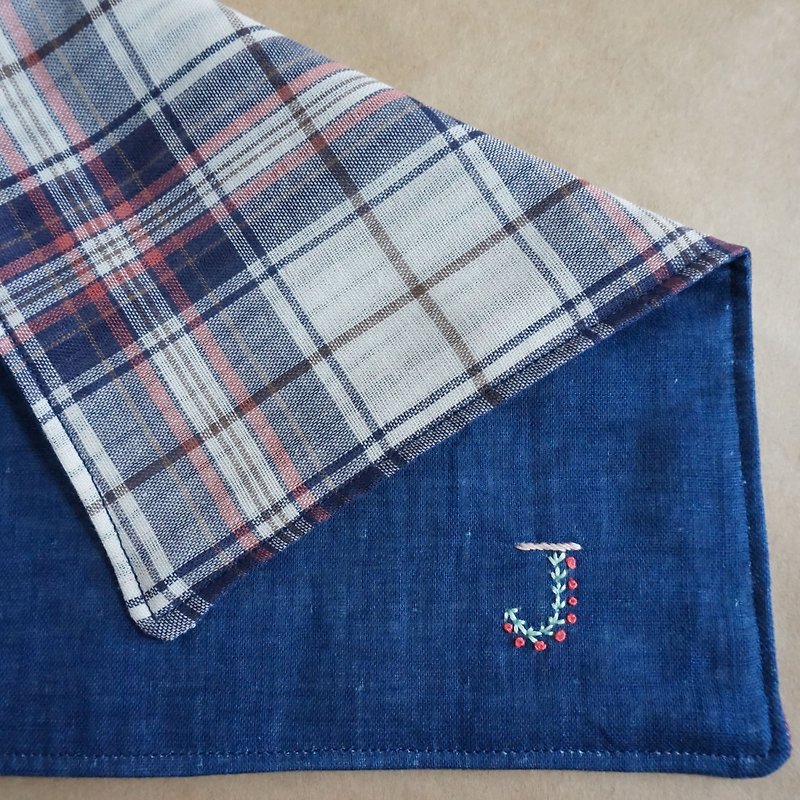Hand embroidered quadruple gauze handkerchief  "initial/J" - Other - Thread Blue