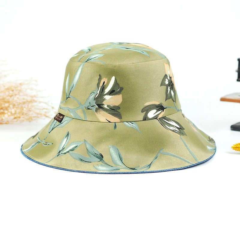 手工雙面帽 遮陽帽 漁夫帽 客製化 復古 植物繪畫 氣質 舒適輕薄 母親節禮物【霧綠花林】【BF-04】 - 帽子 - 棉．麻 綠色