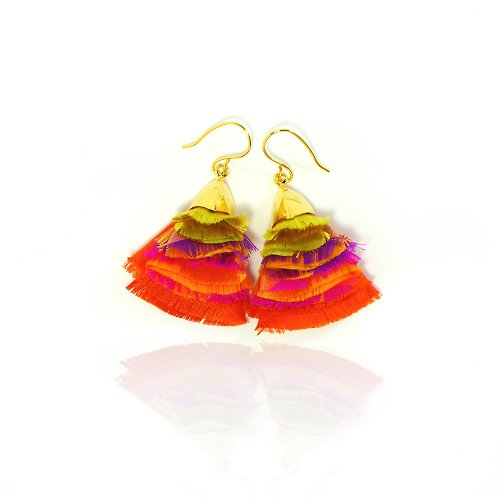 laorr Thai silk Earrings (Size : L) BB collection Orange-Pink-Yellow-Gold