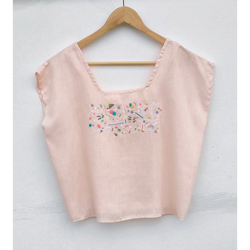 Embroidery | Linen | Square Neck Top, Coral Pink - 女襯衫 - 棉．麻 粉紅色