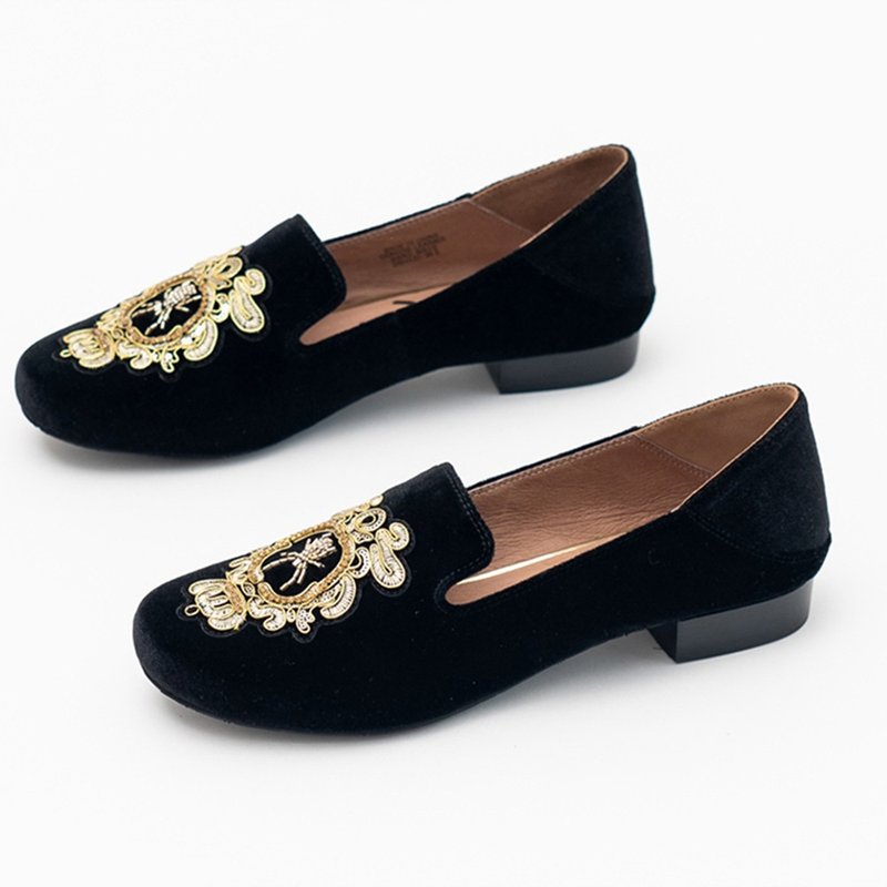 Lewis Walt commuting simple embroidered velvet lazy Lok Fu one-legged heel shoes for women - รองเท้าอ็อกฟอร์ดผู้หญิง - หนังแท้ หลากหลายสี