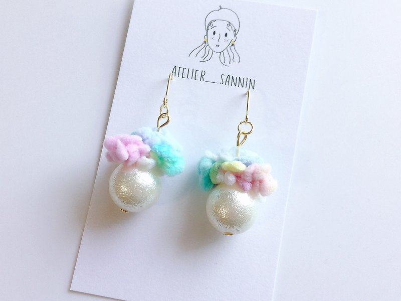 Rainbow cotton candy drape handmade wool earrings Ear hook / ear clip - Earrings & Clip-ons - Other Materials Multicolor