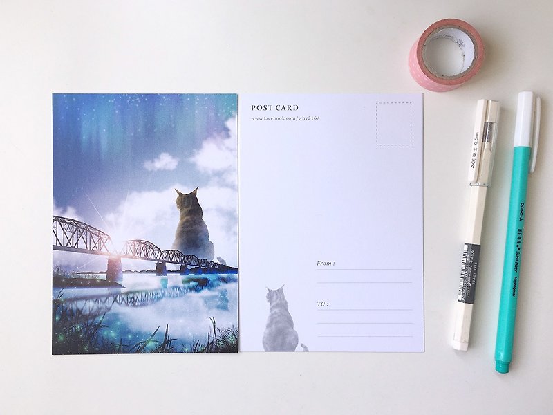 Postcard with animal illustrations [Giant cat and sunrise on the old iron bridge] - การ์ด/โปสการ์ด - กระดาษ ขาว