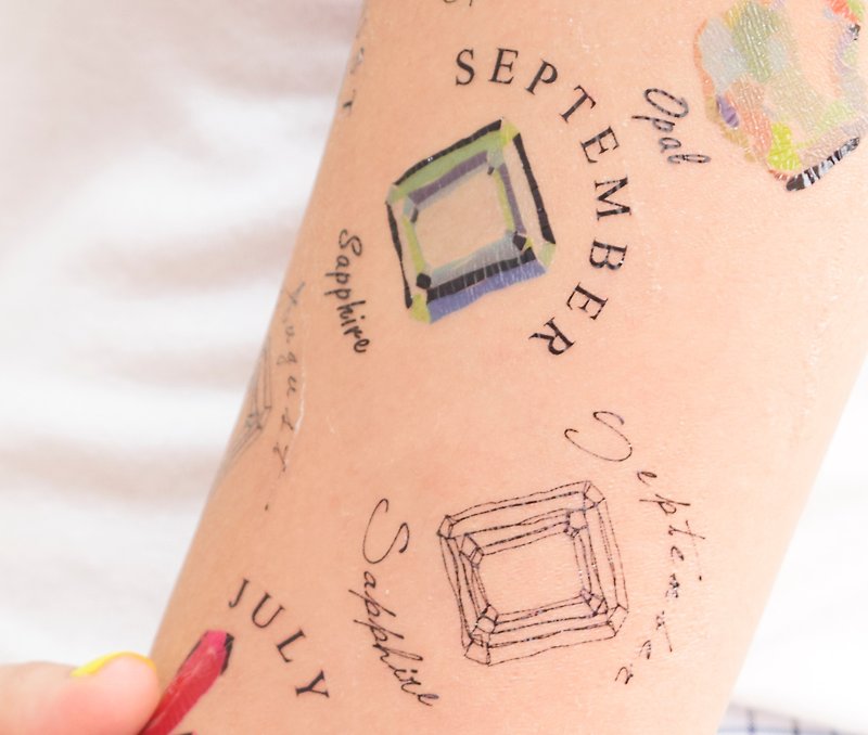九月 x 藍寶石 生日石 刺青 紋身貼紙 可客製 - 紋身貼紙/刺青貼紙 - 紙 紅色