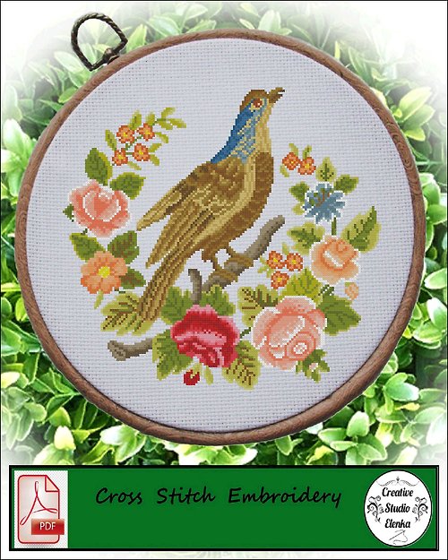 CreativeStudioElenka Vintage Cross Stitch Scheme Red parrot on a branch - PDF Embroidery Scheme