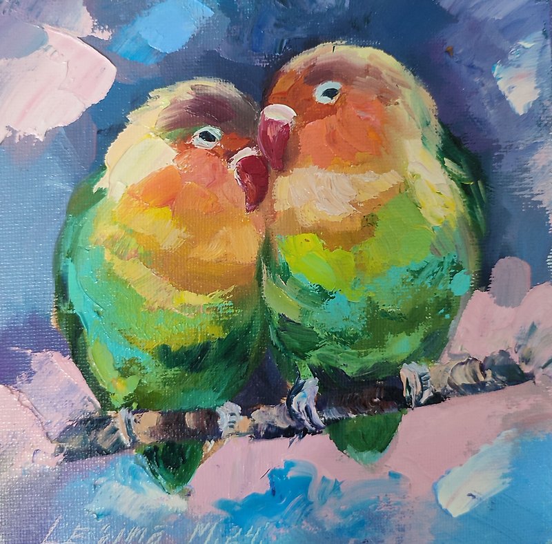 Lovebirds Oil Painting  Parrots Original Art Bird Small Painting  Birds Artwork - ตกแต่งผนัง - วัสดุอื่นๆ สีเหลือง