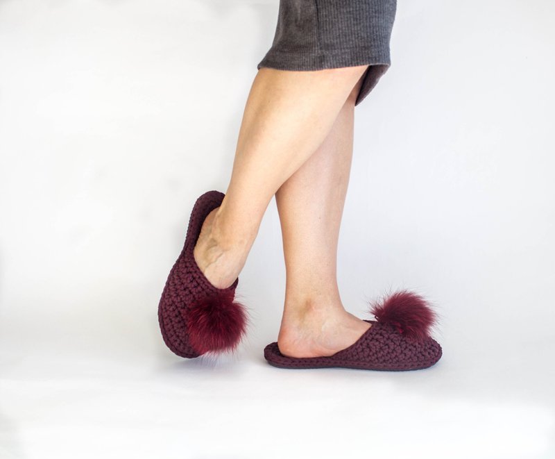 Cotton slippers - Knitted slippers - House shoes for women - Slippers - Cotton & Hemp Red