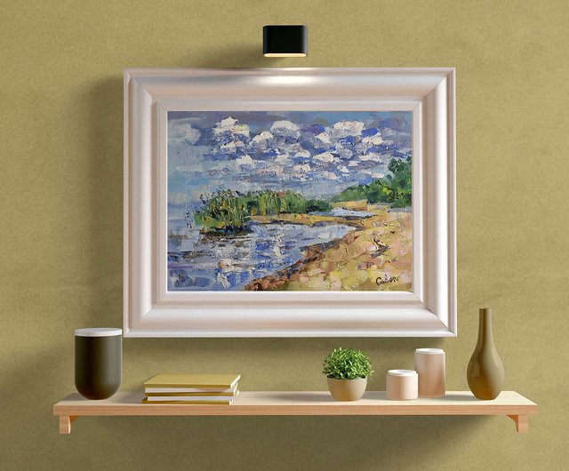 与自然绘画 自然 絵画 風景 油畫 原作 湖岸 アートワーク 雲