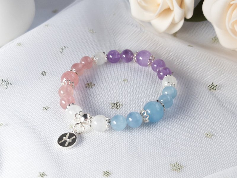 [Constellation Bracelet-Pisces] Amethyst Pink Crystal Aquamarine Blue Moonlight S925 Sterling Silver Bracelet - Bracelets - Crystal Multicolor