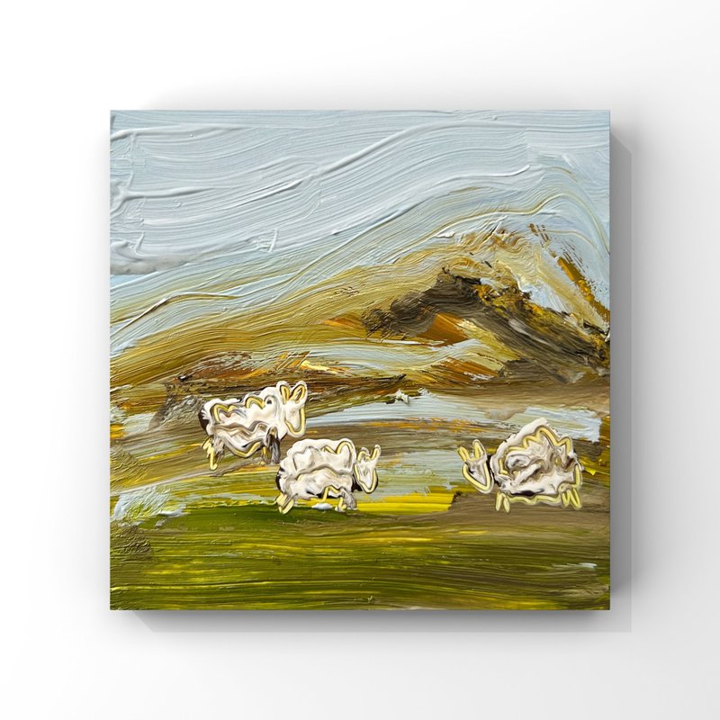 Scottish highlands original painting Scotland art Sheep painting Farmhouse decor - 海報/掛畫/掛布 - 其他材質 多色