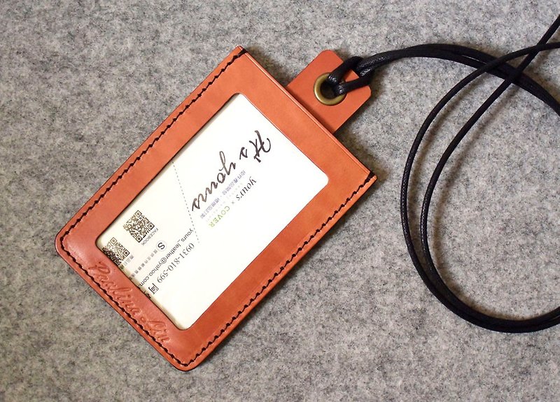 YOURS Card Holder / MRT Card Holder A ─ straight with black wax rope bright orange - ที่ใส่บัตรคล้องคอ - หนังแท้ 