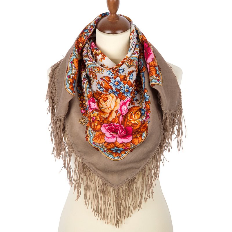 Authentic Pavlovo Posad Russian Shawl Scarf Soft 100% Wool 89x89 cm 1706-16 - 絲巾 - 羊毛 咖啡色