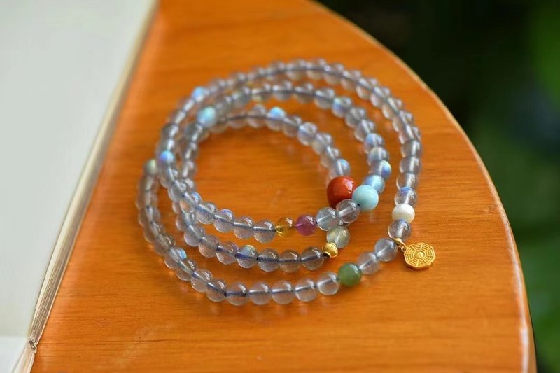 グレーの月光石ブレスレット、南部紅海石ストーントルマリン、古代フランスシルバー睡眠を助ける八卦チャート付き - ブレスレット - クリスタル 