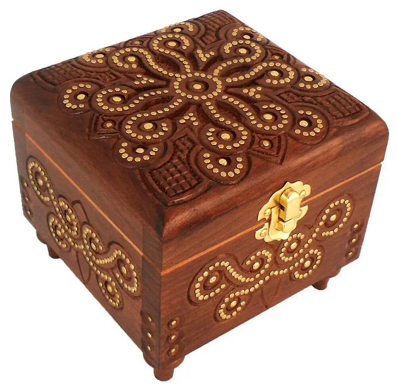 Square Inlaid Carved Wooden Box for Important Things Storage 12x12x10cm - Other - Wood Brown