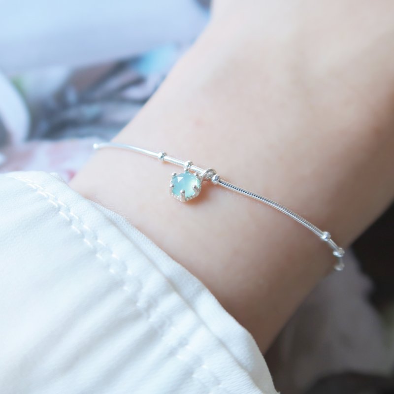 925 Sterling Silver Aquamarine Beaded Snake Chain Faceted Custom Engraving Bracelet Complimentary Gift Packaging - สร้อยข้อมือ - เงินแท้ สีน้ำเงิน