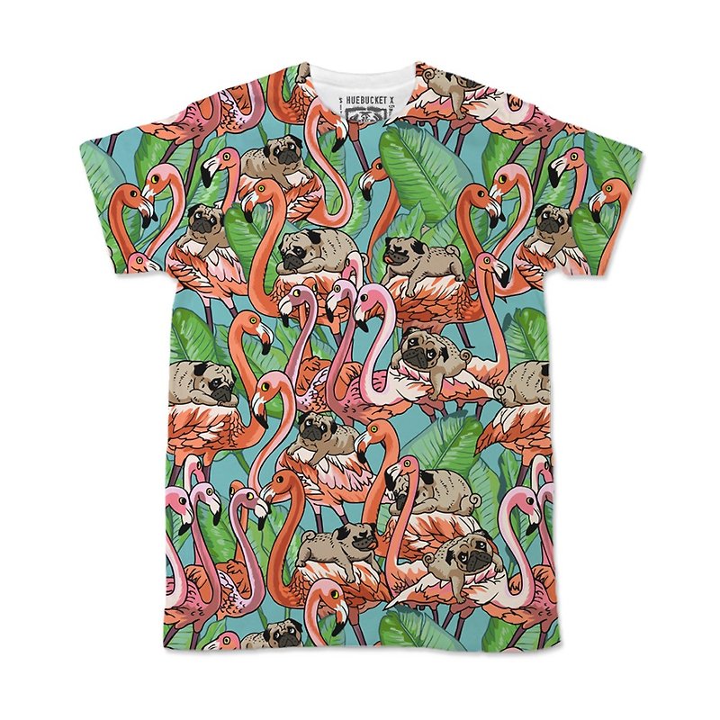 PUG Life • Flamingo Party • Unisex T-shirt - 男 T 恤 - 棉．麻 多色