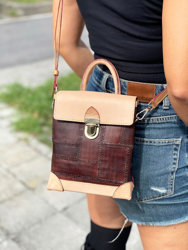 手工精品皮件 設計師-拼接翻蓋側背包(直款)/手提包 -現貨 - 側背包/斜背包 - 真皮 