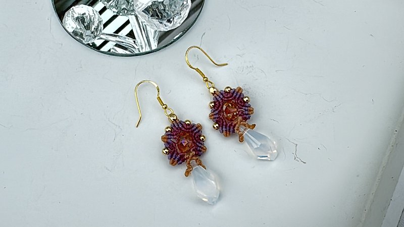230210 Macrame South American Wax thread Swarovski earrings - Necklaces - Copper & Brass Purple