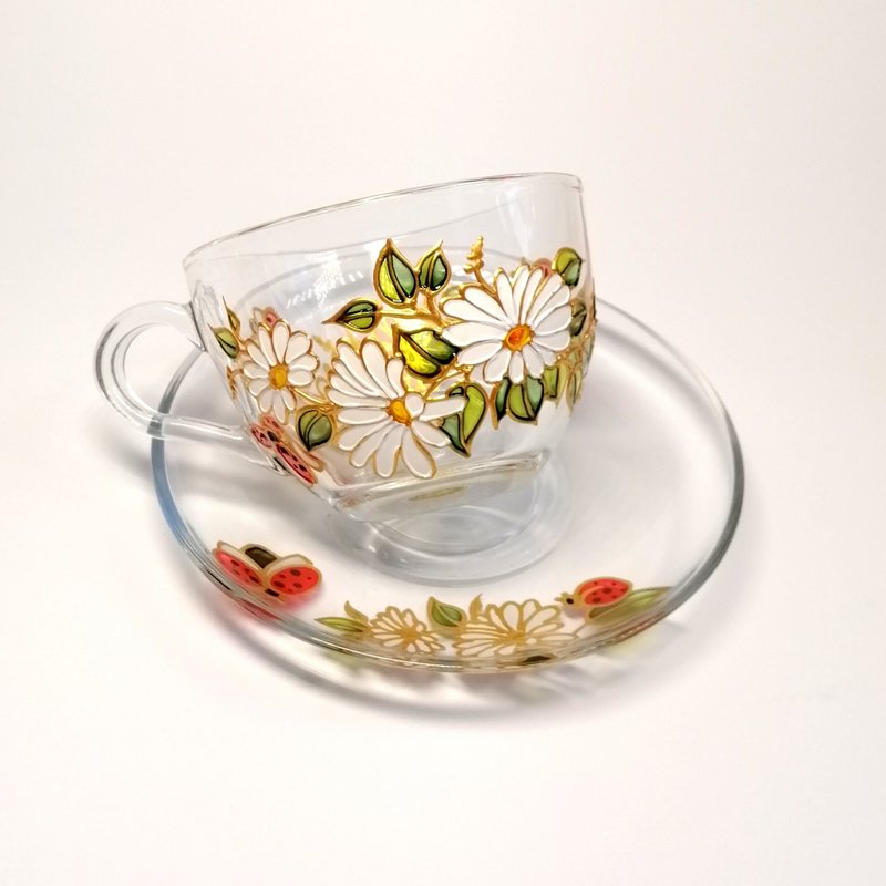 Daisy teacup with saucer Ladybug mug hand painted Flower tea cup Bridal cup - Teapots & Teacups - Glass White