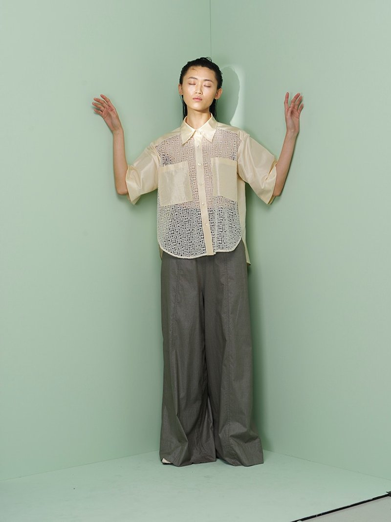 UUIN _ 灰綠銀紗寬褲 - 女長褲 - 棉．麻 灰色