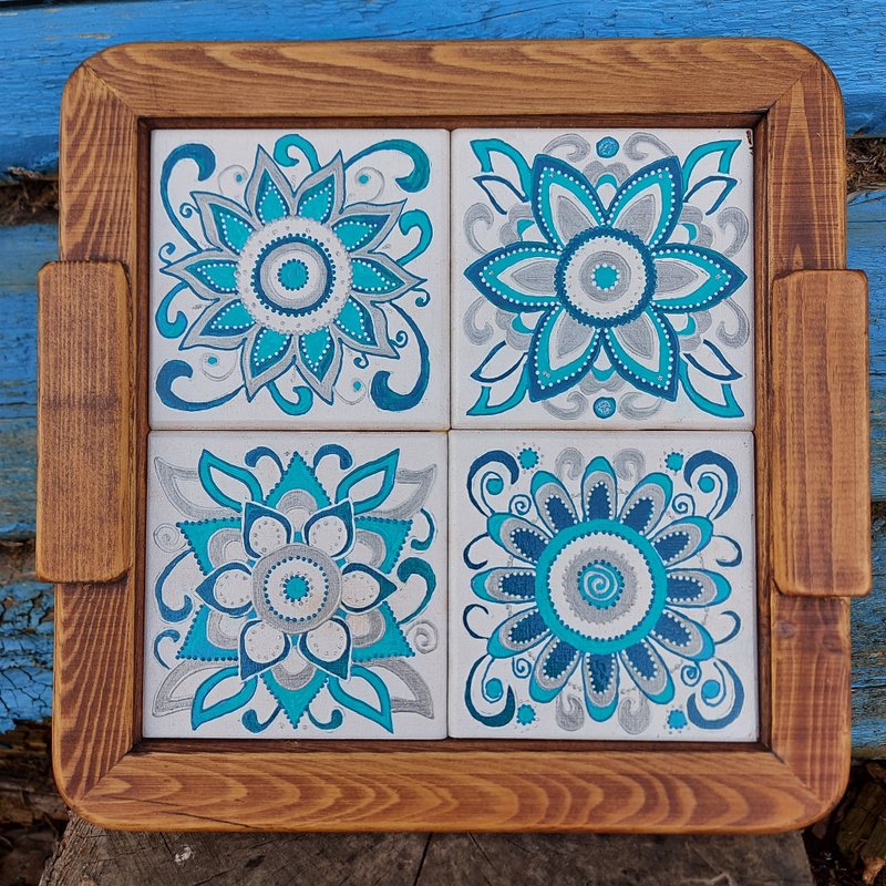 Wood coffee tray with handpainted wood tiles - Serving Trays & Cutting Boards - Wood 