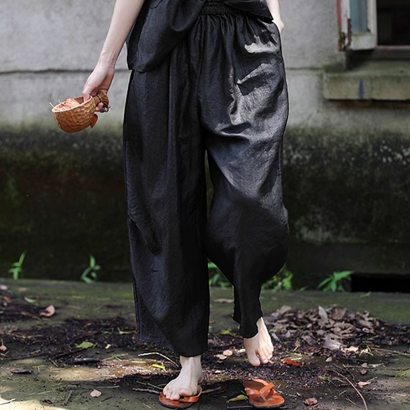 清涼桑蠶絲黑色薯莨染香云紗松緊腰抽繩寬松蘿卜褲 - 女長褲 - 絲．絹 