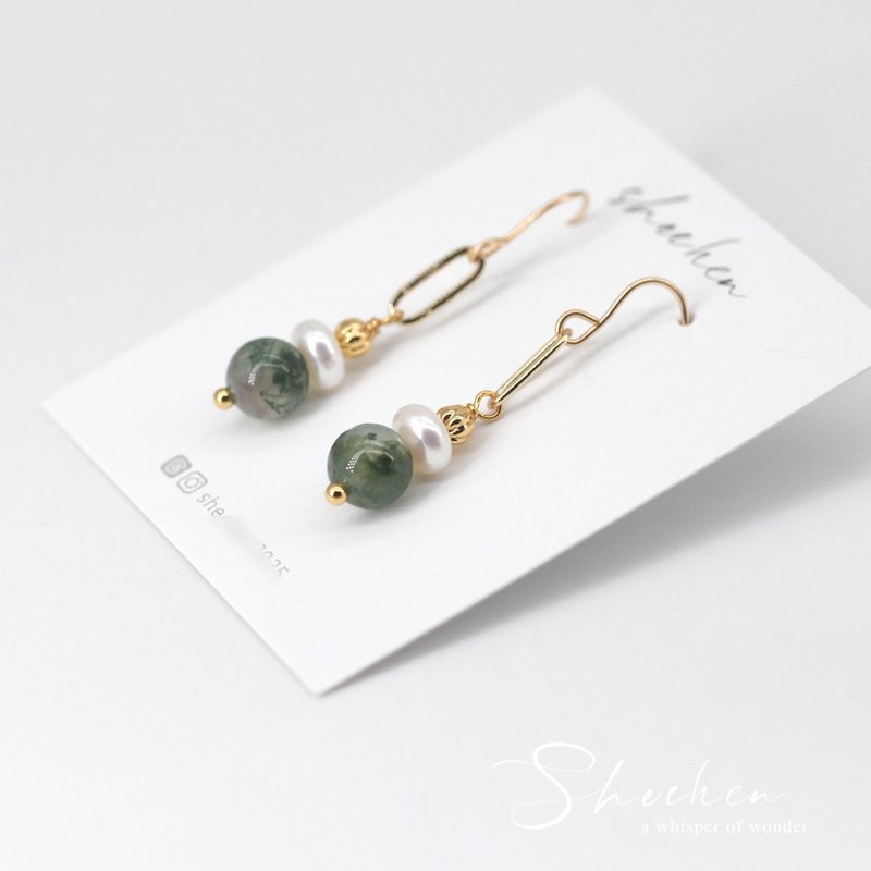 然水草瑪瑙 水草晶 饅頭珍珠耳環 美國進口14K包金耳勾 - 耳環/耳夾/耳骨夾 - 水晶 綠色