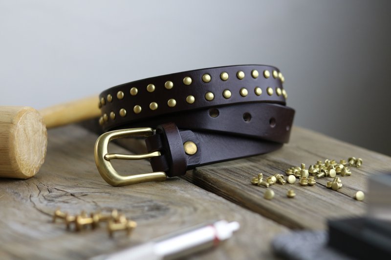 Light rock punk-handmade belt / width 30mm / for men and women / Bronze/ rivets / brown - Belts - Genuine Leather Brown