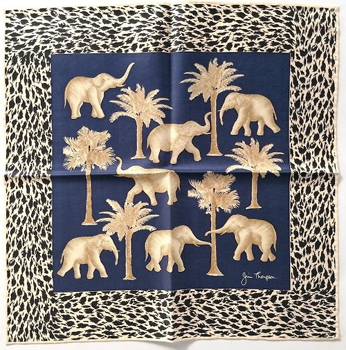 orangesodapanda Jim Thompson Vintage Silk Handkerchief Elephants, Coconut Trees 15.5x15.5 inches
