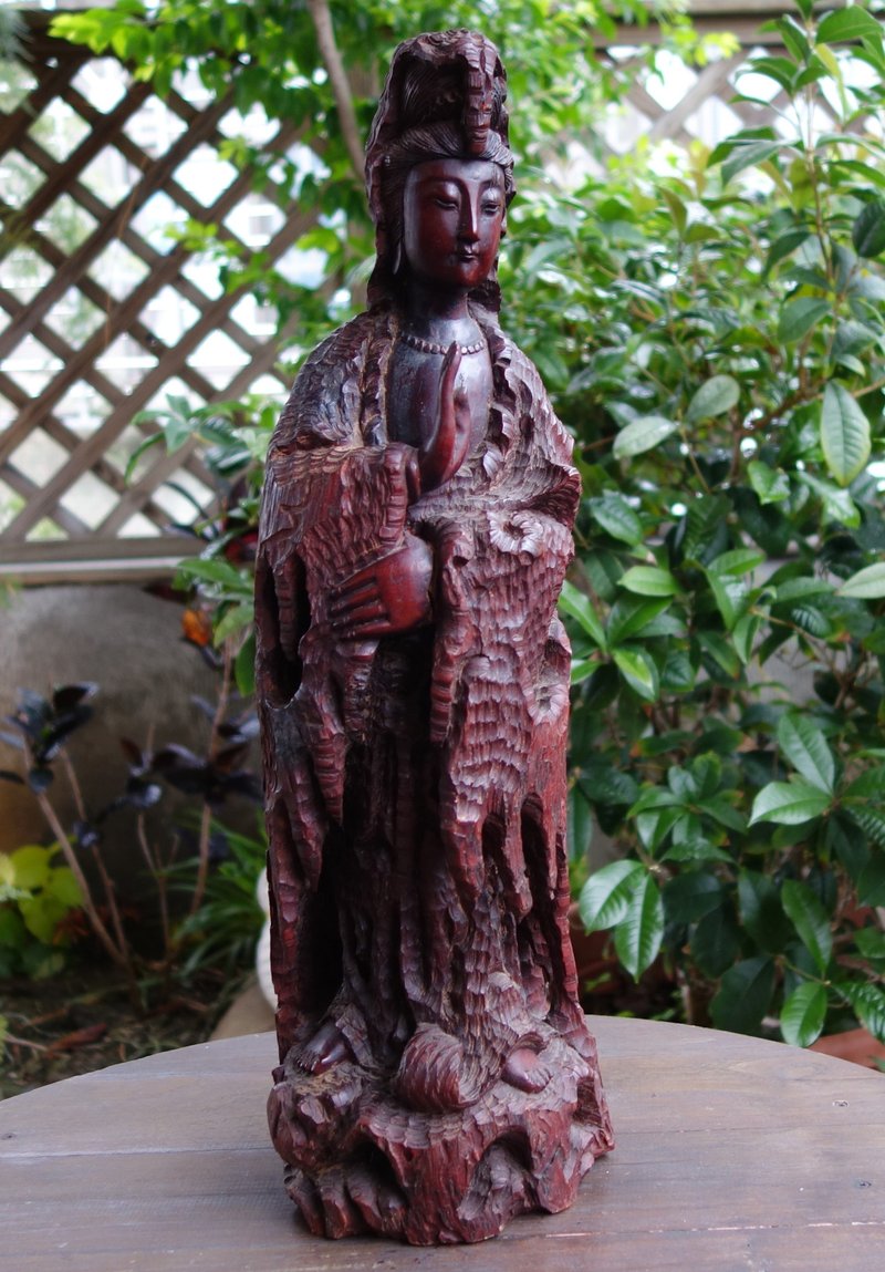 老件 早期 龍眼木 如意觀音立像46公分 觀音 古玩 藝術收藏品 佛 - 擺飾/家飾品 - 木頭 咖啡色