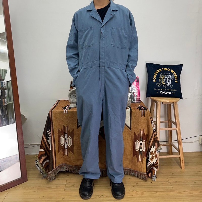 RED KAP 水藍 連身工作服 古著 二手 布料硬挺 - 吊帶褲/連身褲 - 棉．麻 藍色
