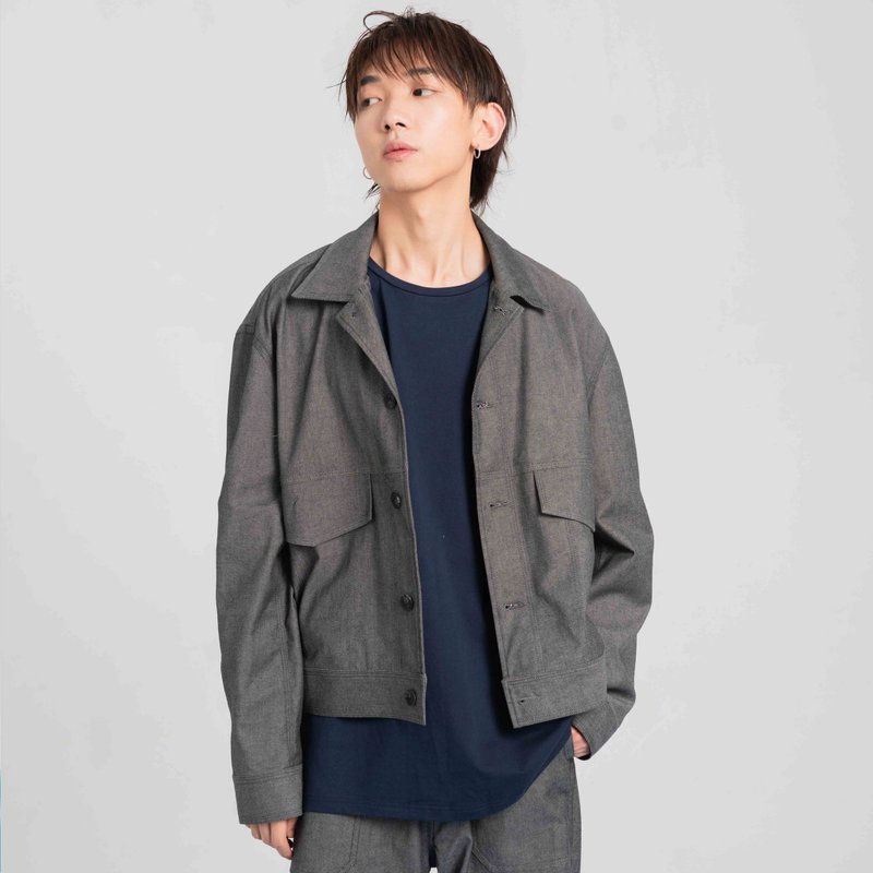 灰色牛仔廓形外套夾克 日系復古 獨立設計 男女同款 - 男裝外套/大衣 - 其他材質 灰色