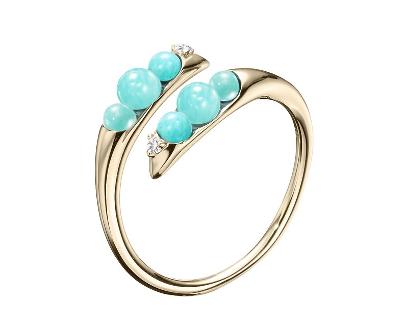 ミルキーグリーン石リングK14ゴールドリング、女性ガーディアン石エンゲージリング用の小さなゴールドの結婚指輪で飾られています - リング - 貴金属 ブルー