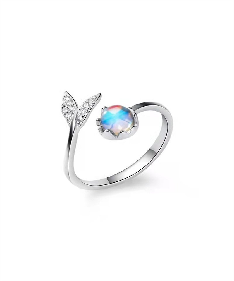 Sweet colored glaze 925 silver fishtail ring colored glaze diamond index finger ring opening adjustable - แหวนทั่วไป - แก้ว ขาว