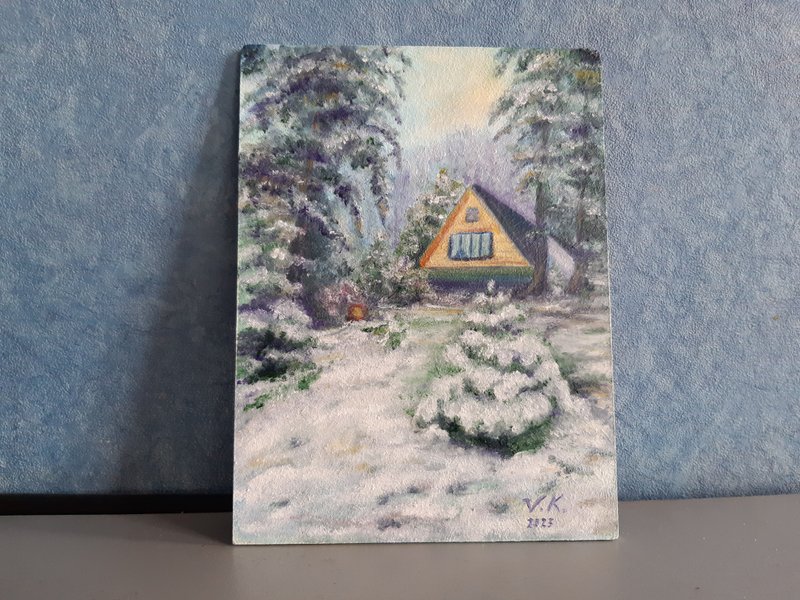 Oil painting on fiberboard, house in a forest in Georgia, winter landsc - Other - Other Materials Transparent