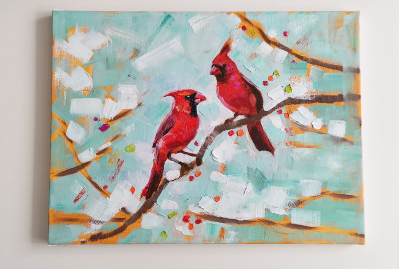 Cardinal Painting Original Art Oil Painting Birds Artwork Canvas Art - 海報/掛畫/掛布 - 其他材質 紅色