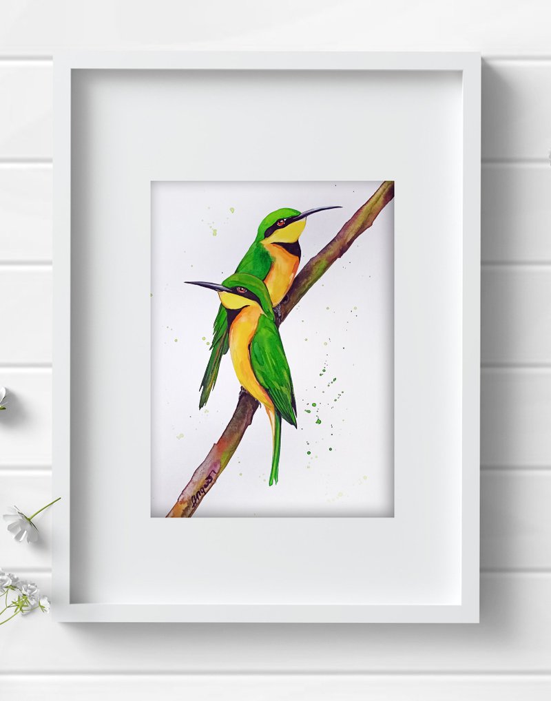 Bee-eater watercolor original aquarelle bird painting by Anne Gorywine - ตกแต่งผนัง - กระดาษ สีเงิน