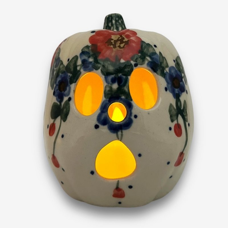 Polish hand-painted handmade pottery-pumpkin shaped candlestick lantern 9cm essential for Halloween - เทียน/เชิงเทียน - ดินเผา ขาว