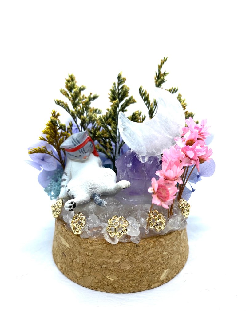 Pink Blue Garden-Cat and White Crystal Moon/Amethyst-Crystal Doll Dried Flower Arrangement - Items for Display - Crystal 