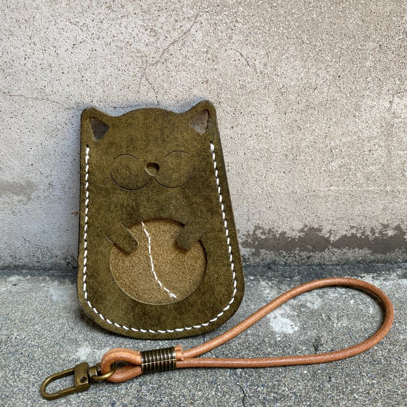 義大利Pueblo磨砂植鞣牛皮貓咪卡套 證件套 - 磨砂綠貓 - 證件套/識別證套 - 真皮 綠色