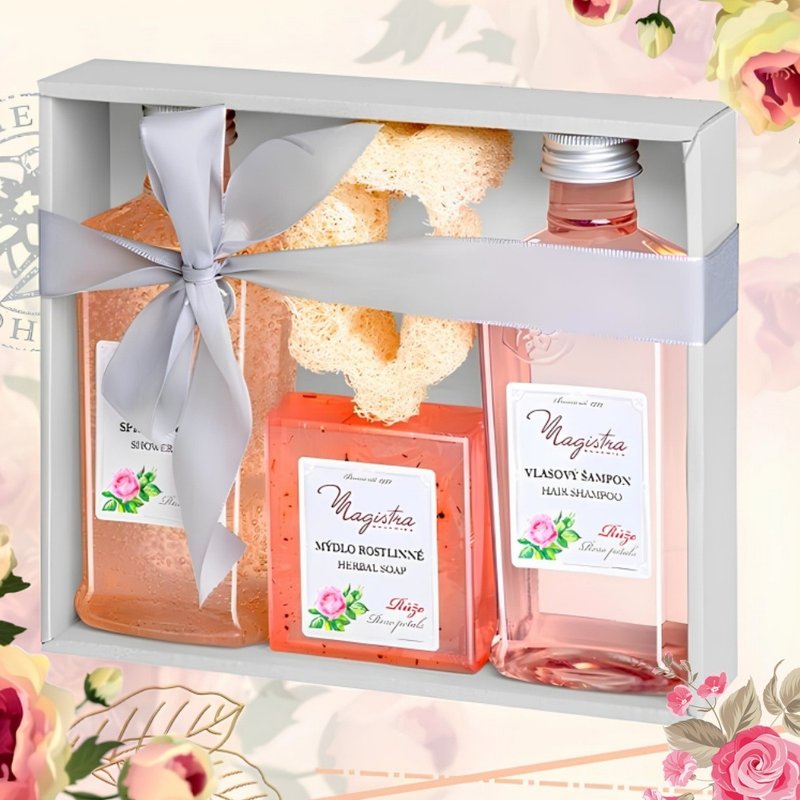 Bath gift set ROSE – Shampoo, Shower gel, Soap, loofah - Body Wash - Concentrate & Extracts Pink