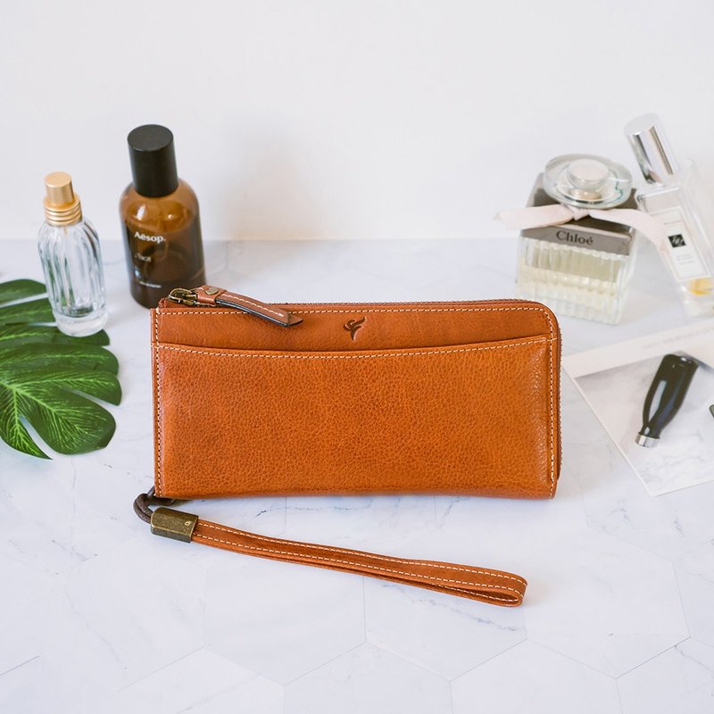【禮盒】真皮拉鏈手拿長夾 X65039 黃棕V - 錢包/皮夾/長短夾 - 真皮 橘色