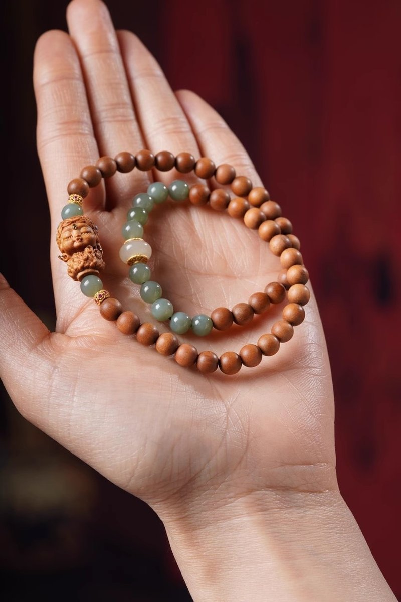 Old mountain sandalwood 6mm green tara two-circle bracelet original design mahogany Buddhist beads bracelet round beads and nephrite jade - Bracelets - Wood Brown